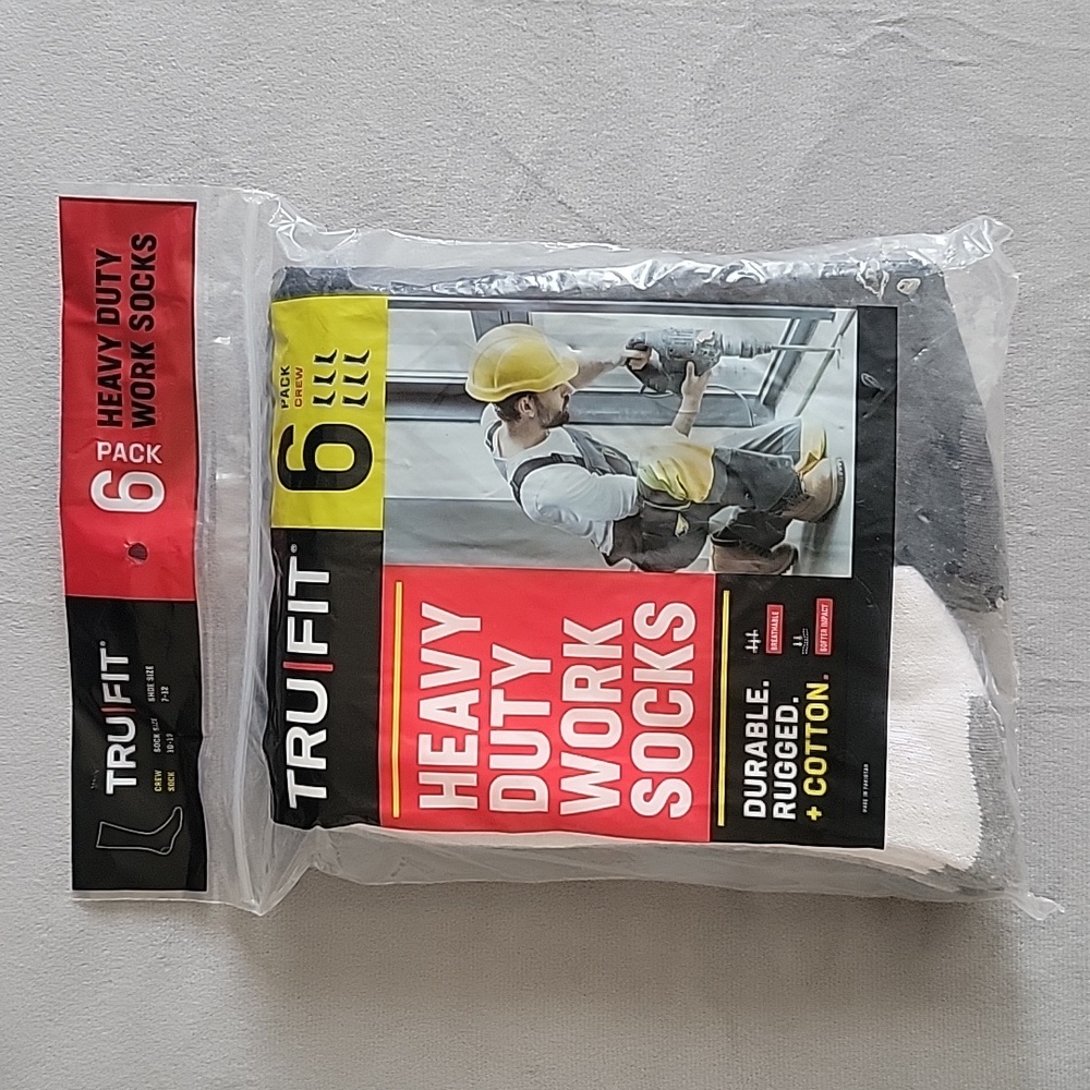 6 Pack Heavy Duty Work Socks, Shoe Size 7-12, Sock Size 10-13, Color Black/Grey